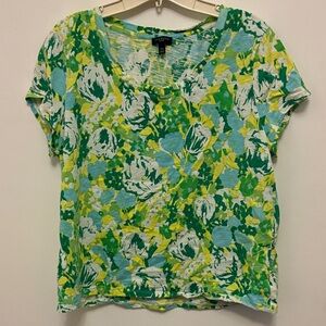 Talbots Green and Blue Floral Short Sleeve Top